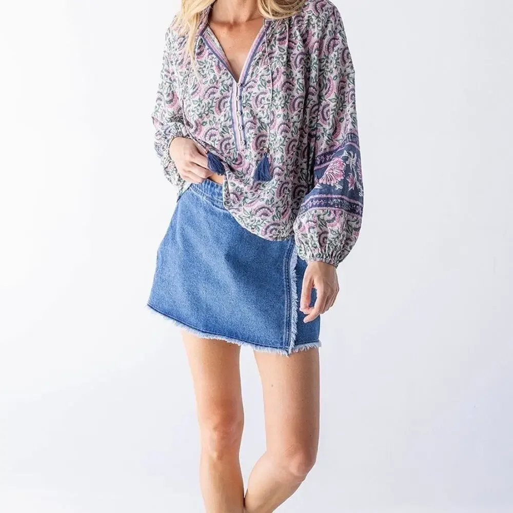 NEW Natural Life Denim Wrap Style Crossover Frayed Hem Cotton Mini Skirt Medium